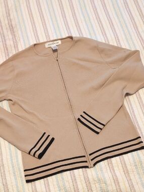 Jones New York Taupe Zip Cardigan with Black Stripe Accents